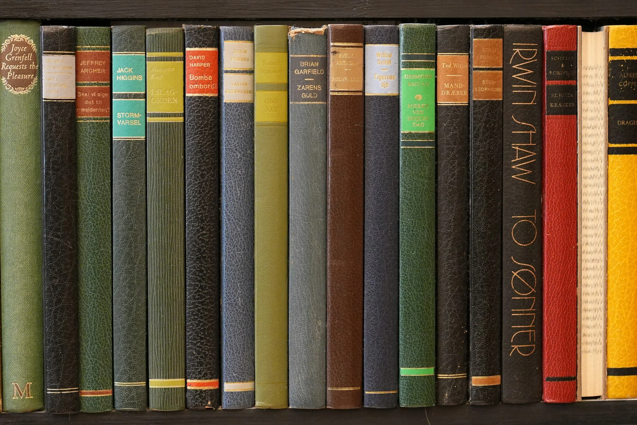 Close-up of a row of hardcover books on a shelf, featuring titles in various colors and fonts.