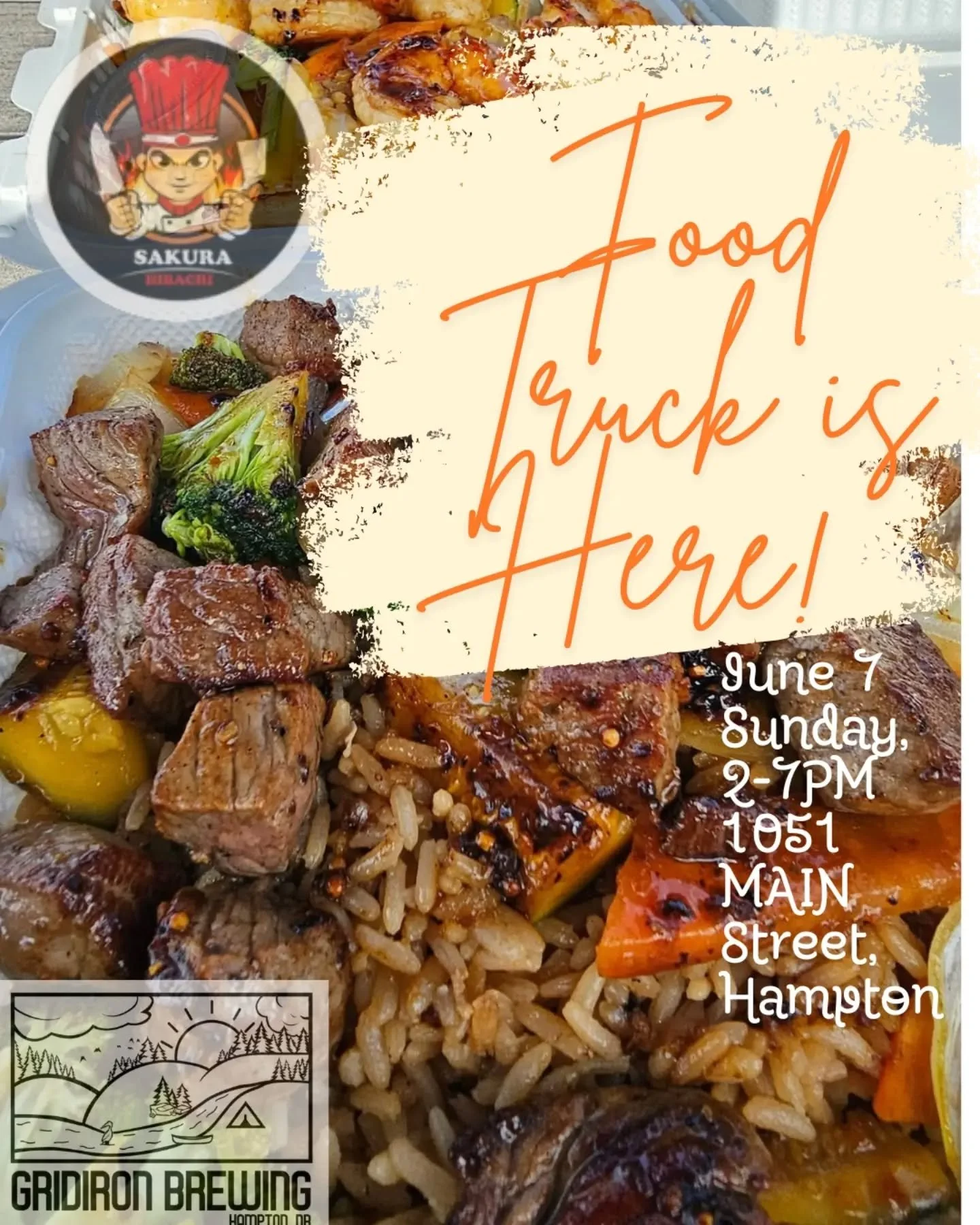 Food truck is here, Sunday, June 7! 
Sakura hibachi moncton from 2PM to 7PM. Supper is served 😉
📍1051 Main Street, Hampton
🅿️ Extra parking available on Albert Street and St. James Street.