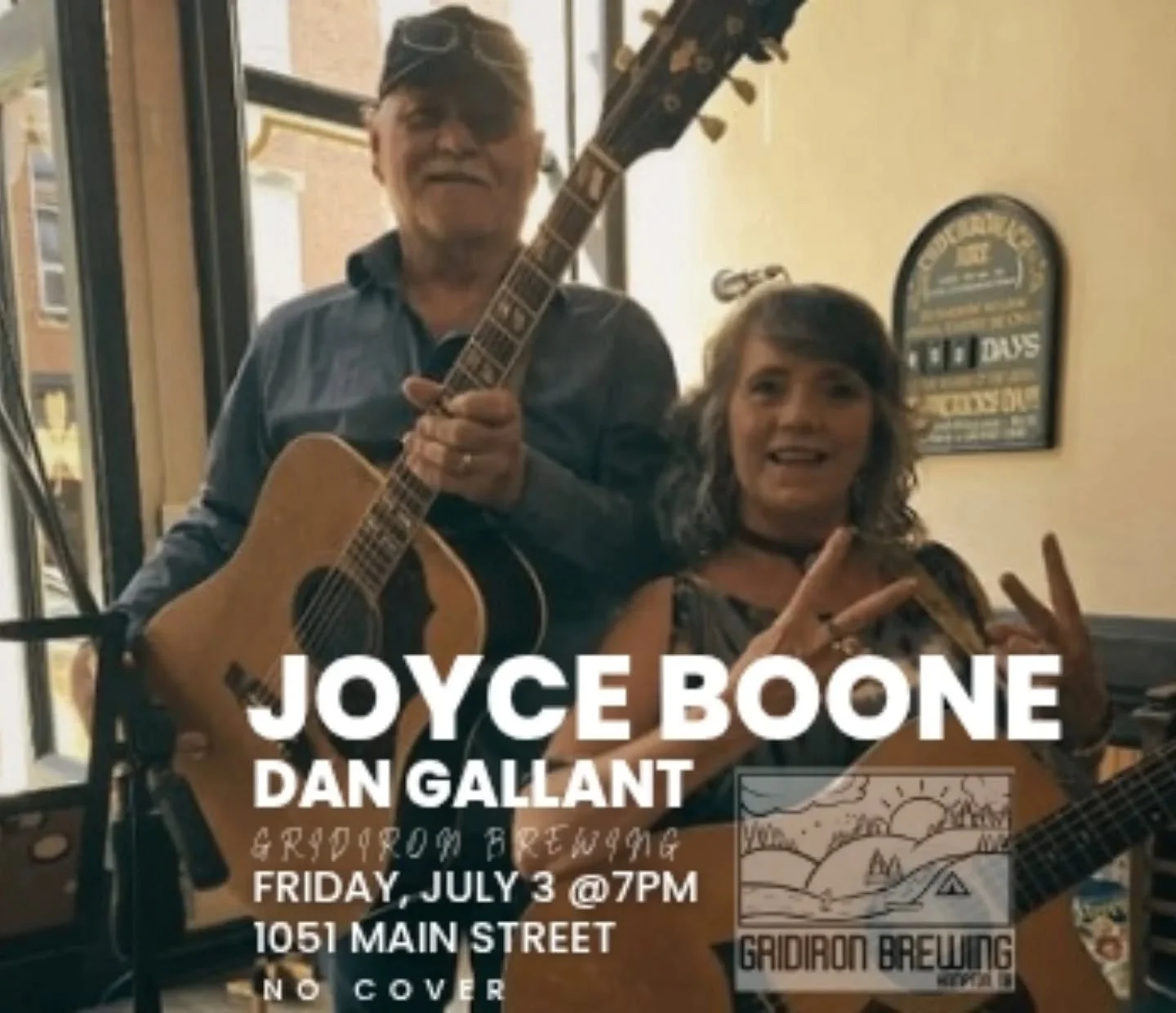 Joyce Boone and Dan Gallant live on the deck at Gridiron Brewing. No cover. 

📍1051 Main Street, Hampton, NB Food truck on site, so enjoy the food and music! All ages welcome. 
⏰ 7-9PM
🅿️ Parking on site or St. James Street or Albert Street (please