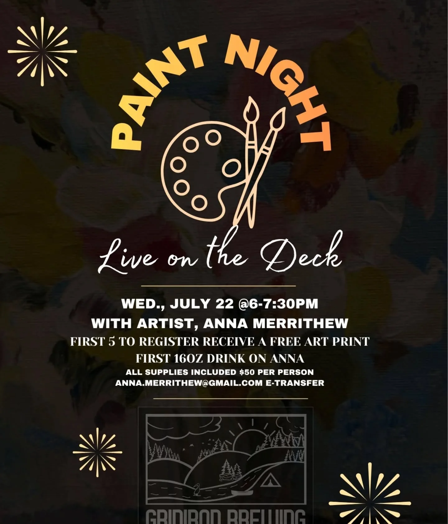 @annamerrithewart is offering Paint Night Live On the Deck.
📆 Wednesday, July 22
🕥Starts at 6PM
💲$50.00 includes all supplies and first 16oz drink (alcoholic or non-alcoholic) is covered by Anna.
📧 Message @annamerrithewart on how to pay and regi