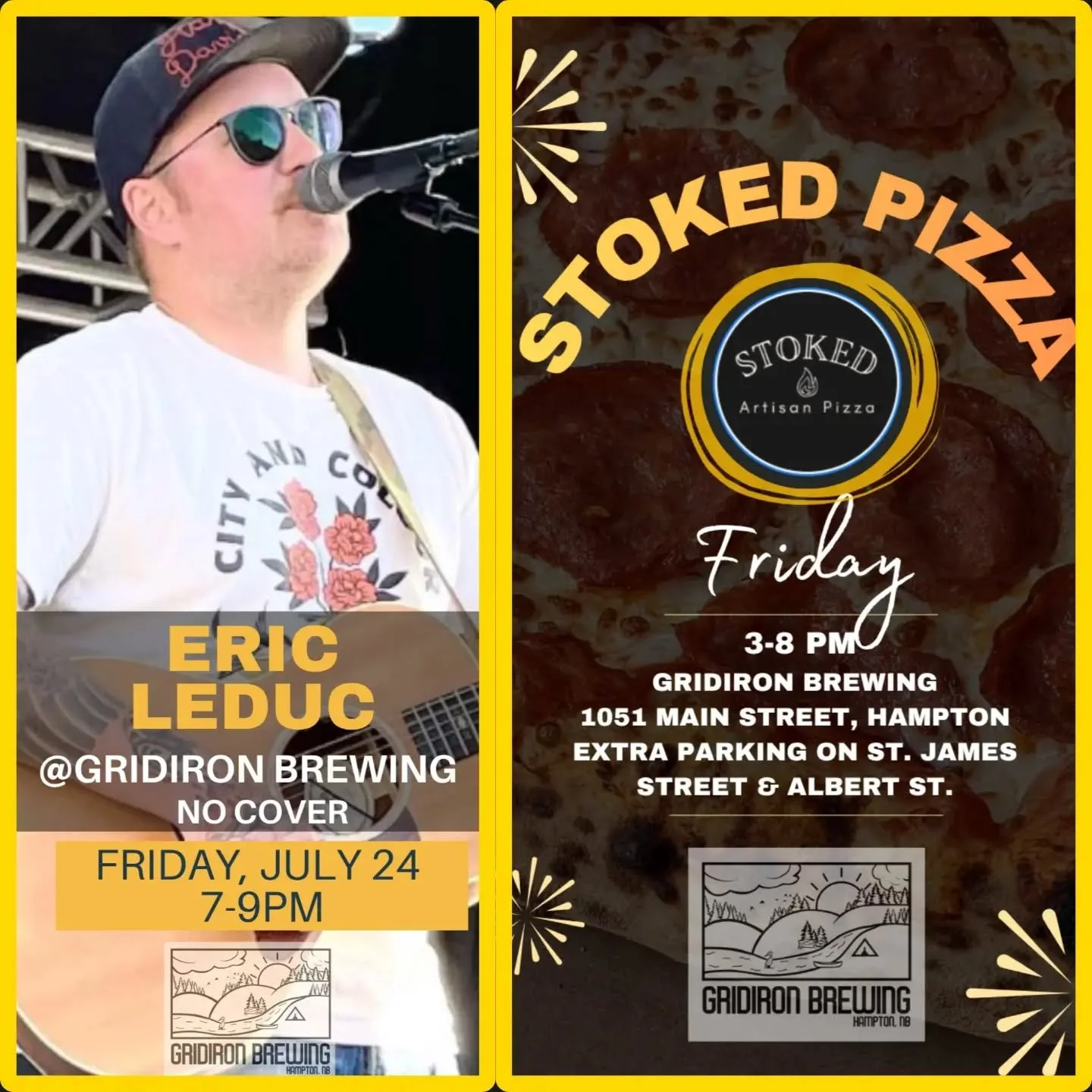 @ericleducmusic is performing and he is one of our fav humans #gridironbrewing.  Great musician and crowds love his vibe, so enjoy a slice of pizza from @stokedpizzanb (3-8PM) on Friday night.
📆Live music on Friday, July 24
🕥 Starting at 7PM
✅ No c