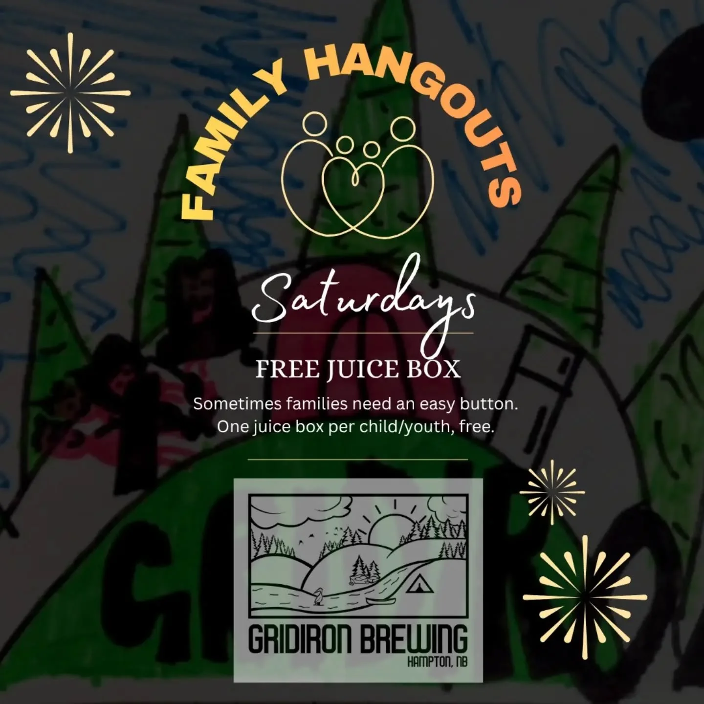 Starting in August, we have Family Hangouts on Saturdays! We offer great craft beer and non-alcoholic options.
🧃One free juice box per child or youth.
🍴 Outside food welcome on site everyday.
🐾 Pets always welcome.
🚼 Change table on site, board g