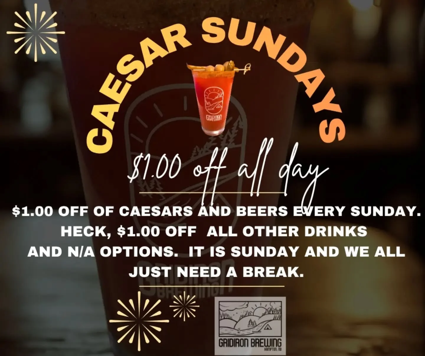 We like Sundays! Come on in for $1.00 off all Caesars...heck, $1.00 off all drinks. 
🅿️ Parking on site or on St. James Street or Albert Street.
🍴 Outside food welcome on site. #supportlocalbusinesses❤️ No food truck today, but this week coming up 