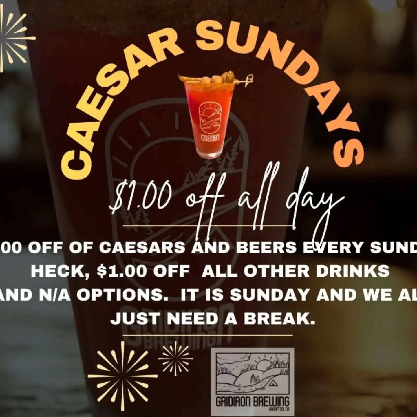 $1.00 off Caesars, heck, $1.00 off all drinks in Sundays. 

📍1051 Main Street, Hampton 
🅿️ On site or steps away on Albert Street or St. James Street.
🍴 @sakura.hibachi is on site from 3-7PM. 

#Hampton #ExploreNB #gridironbrewing #foodtruck #brew