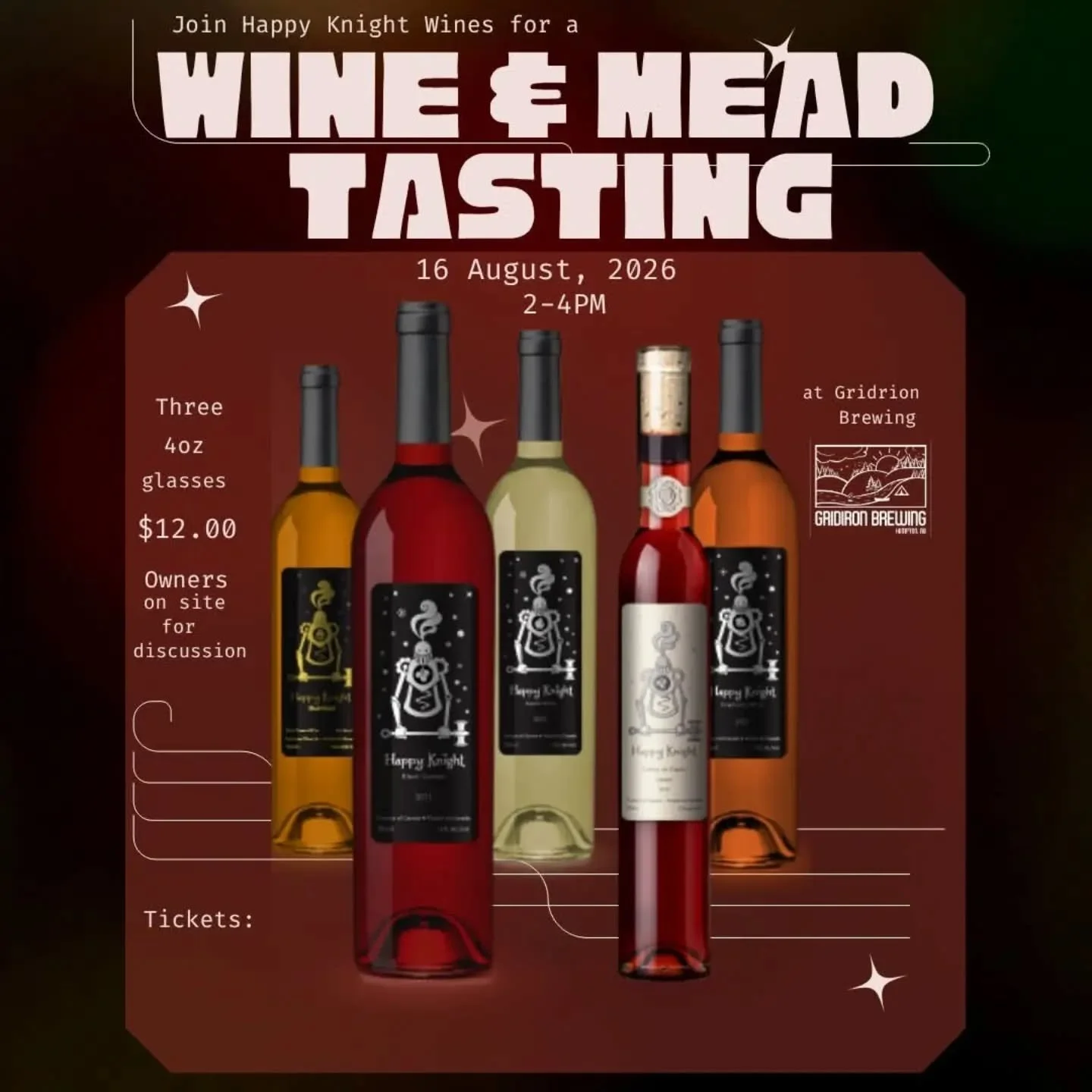 Join us at Gridiron Brewing during the day for a tasting experience with Happy Knight Wines &amp; Mead!

A selection of handcrafted wines and meads will be available to sample. Learn more about the different flavours and varieties, and enjoy a relaxe