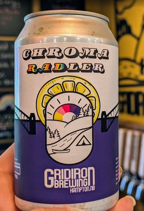 Can of Chroma Radler beer from Gridiron Brewing in Hampton, NB, with a colorful mountain and bridge design.