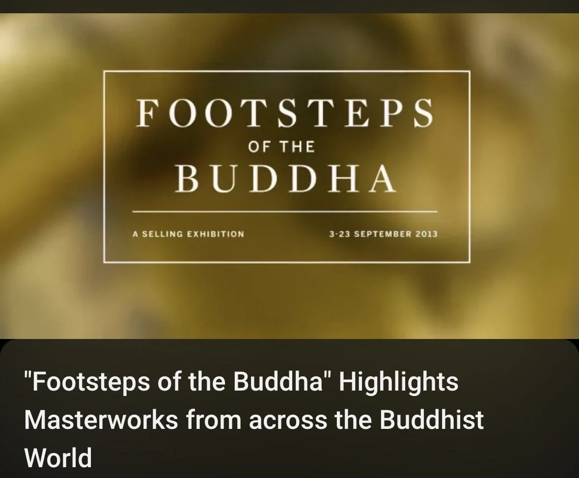 Sothebys YouTube cover image for 'Footsteps of the Buddha' exhibition video, with details of dates and location, featuring a blurred background with brown and yellow tones.