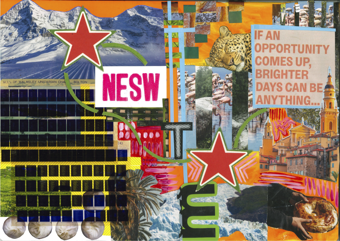 Scrap Collage - leaflets, beer mats, travel magazines, paint, cyanotype 