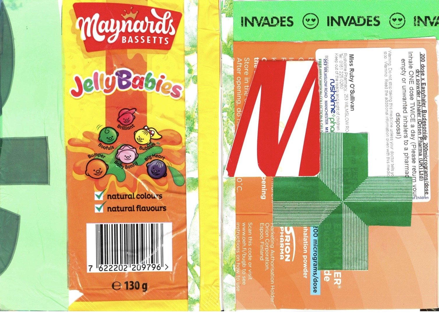 Scrap Collage - sweet wrappers, voucher, bags, inhaler medication