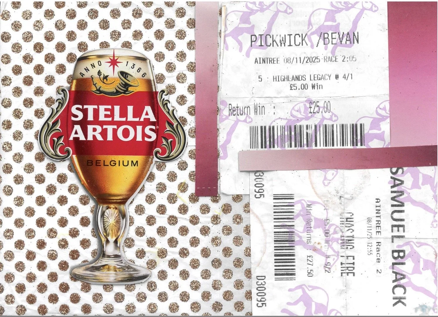 Scrap Collage - receipts, wrapping paper, beer packaging 