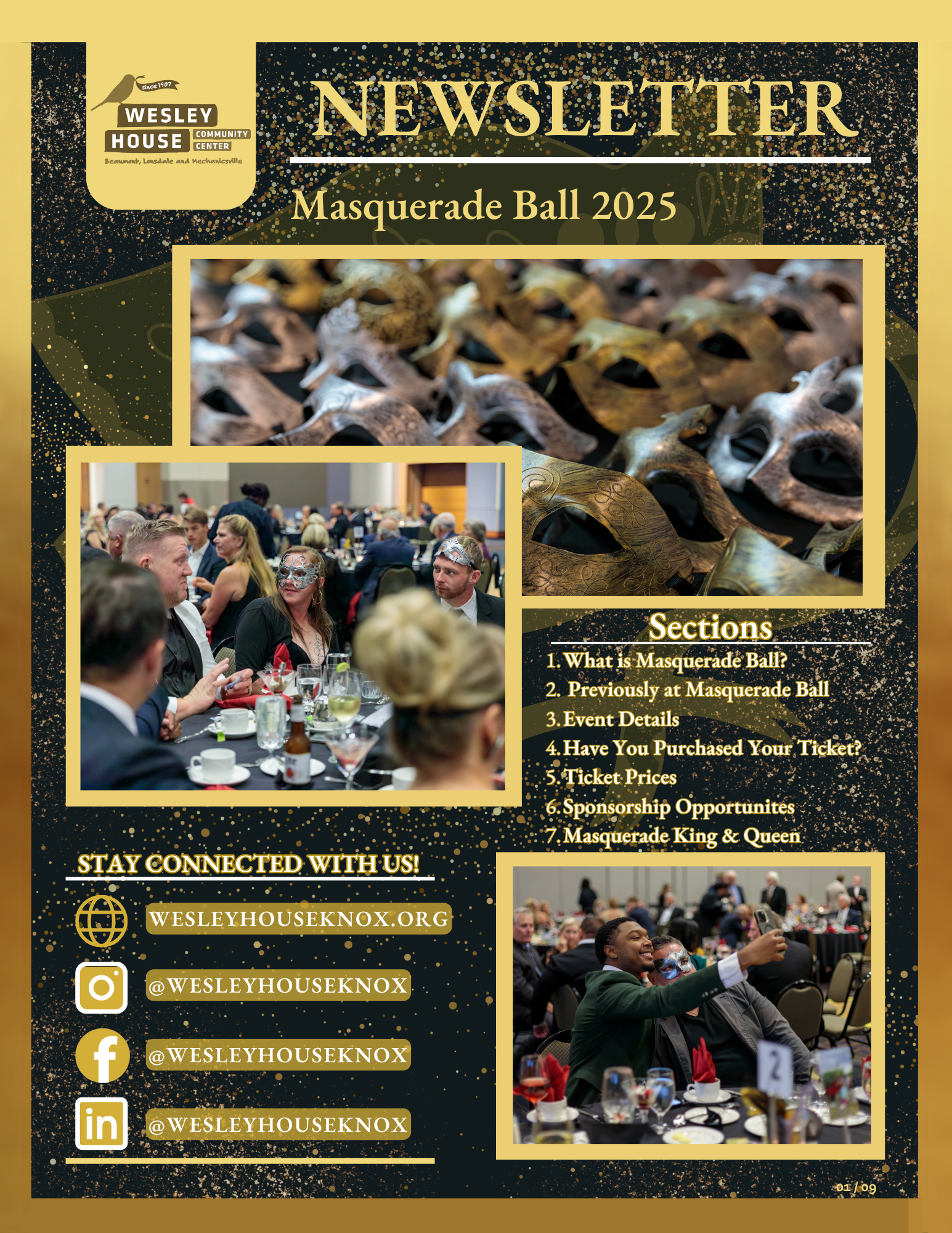 Newsletter for Wesley House Community Center's Masquerade Ball 2025, featuring images of masquerade masks and attendees in costumes and masks at an event.