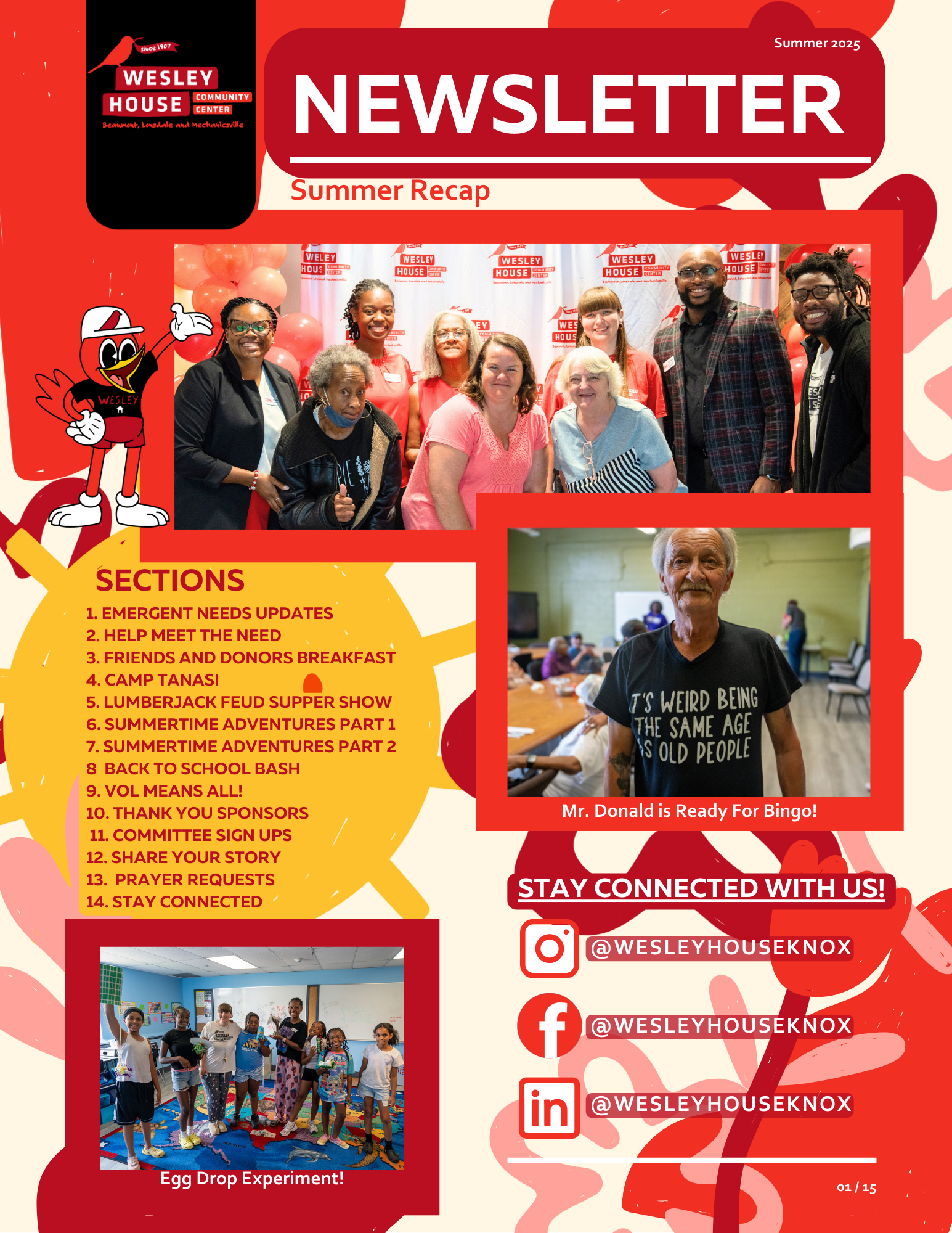 Newsletter cover for Wesley House community center titled Summer 2025. The cover features a group photo of staff and volunteers, a smaller photo of an elderly person, and another smaller photo of children participating in an egg drop experiment. Sections of the newsletter list updates, events, and activities, with social media icons and handles for Wesley House Knox.