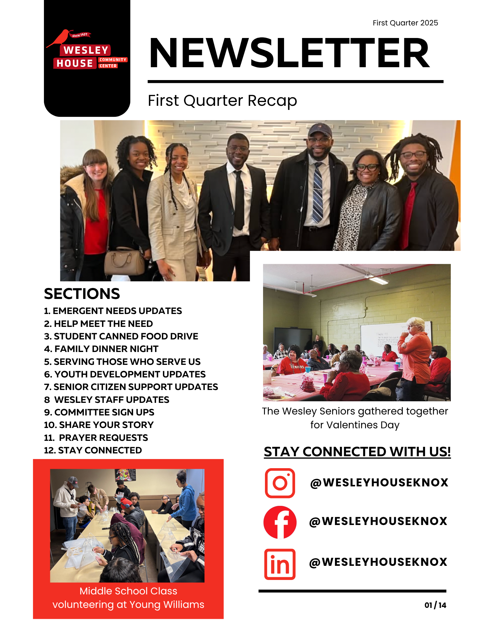 A newsletter cover titled 'First Quarter Recap' for Wesley House Community Center, First Quarter 2025. It features three photos: a group of seven diverse people dressed formally, a senior gathering with women in red nearby, and a middle school class volunteering at Young Williams. Social media handles and newsletter sections are listed.