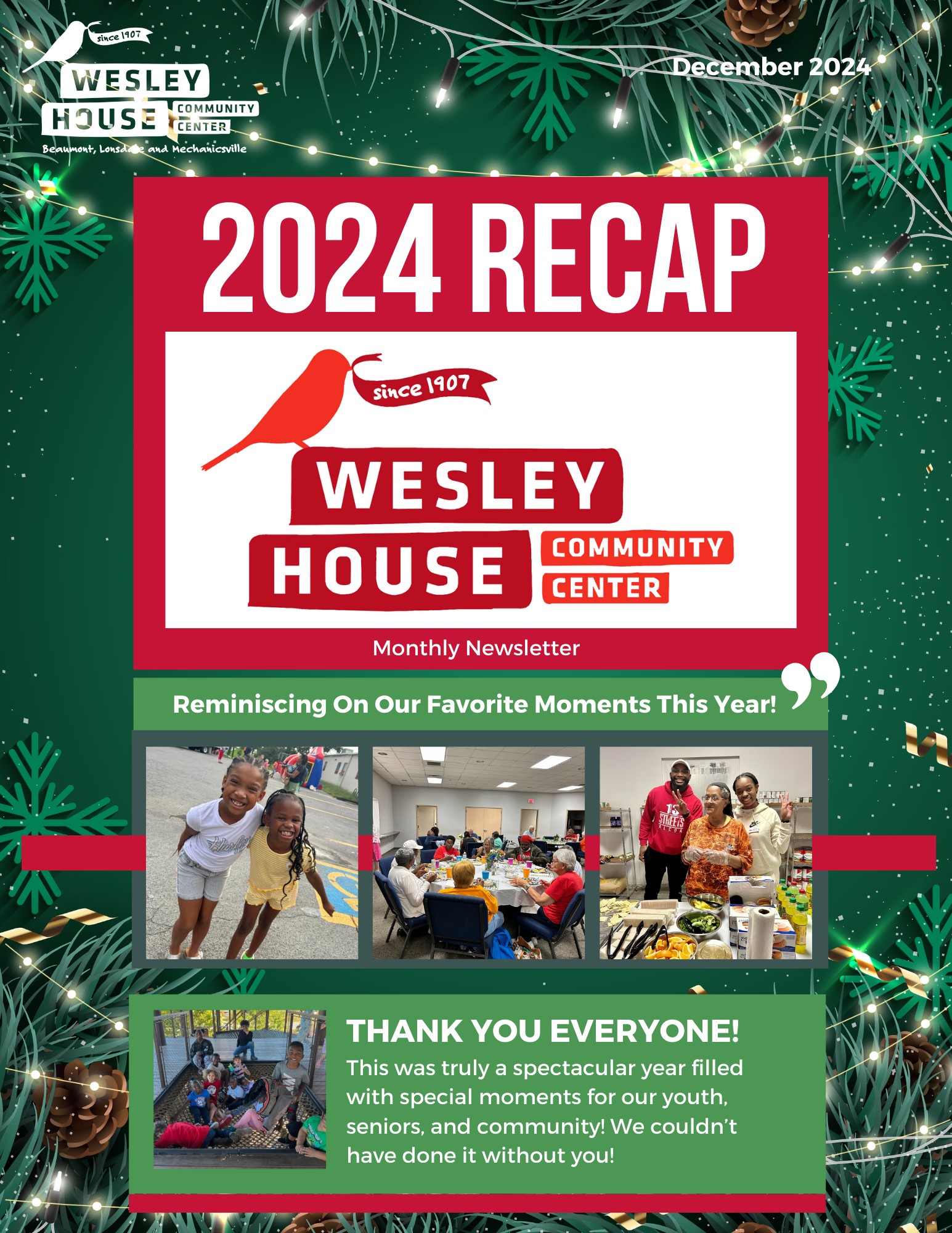 December 2024 Wesley House Community Center newsletter with holiday themed background, Christmas trees, pinecones, and string lights, featuring photos of people at community events and a thank you message.