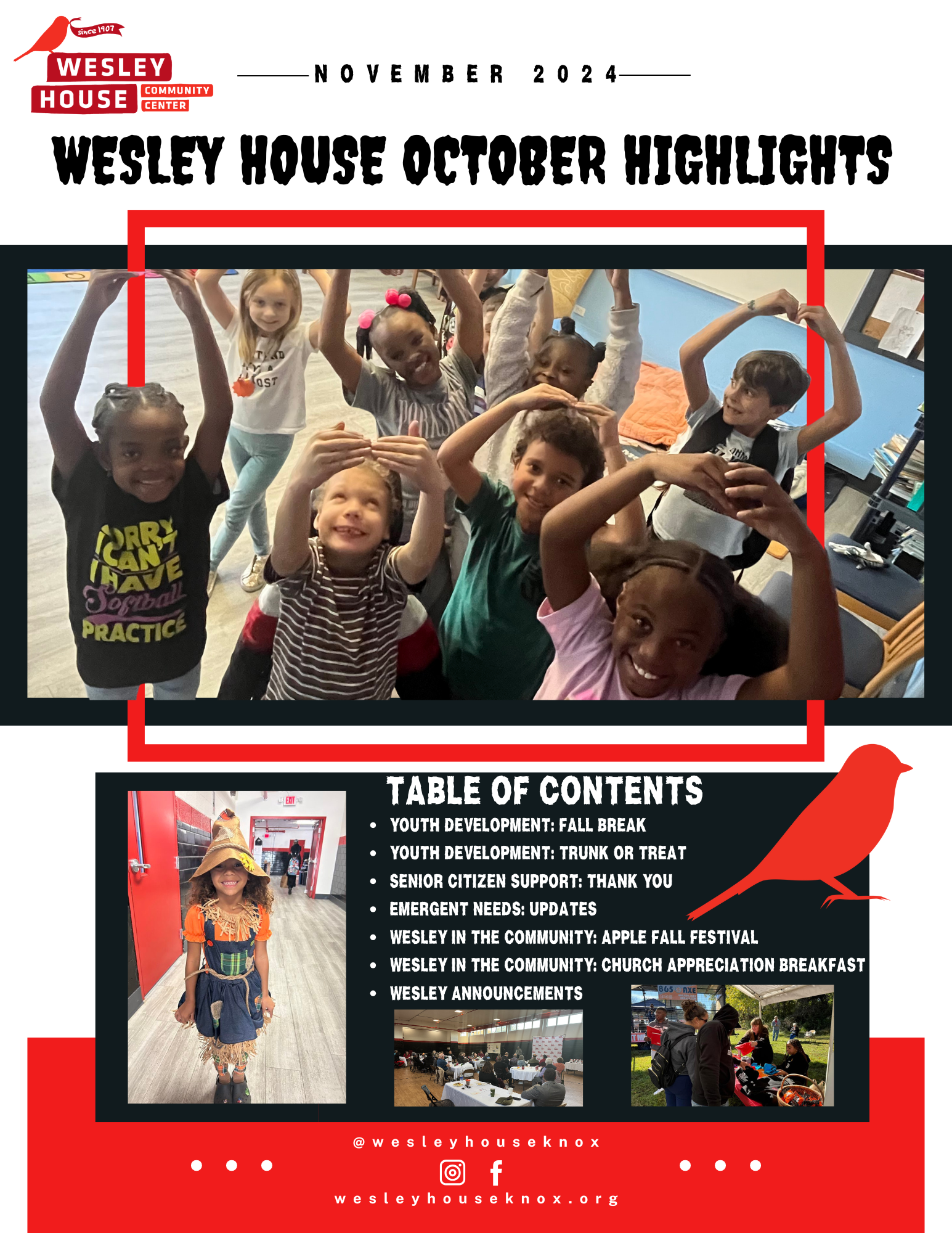 A flyer for Wesley House Community Center's October events in November 2024. The flyer features a group of children smiling and making gestures indoors, a girl dressed in a scarecrow costume, and a table of contents listing various community activities and support programs.