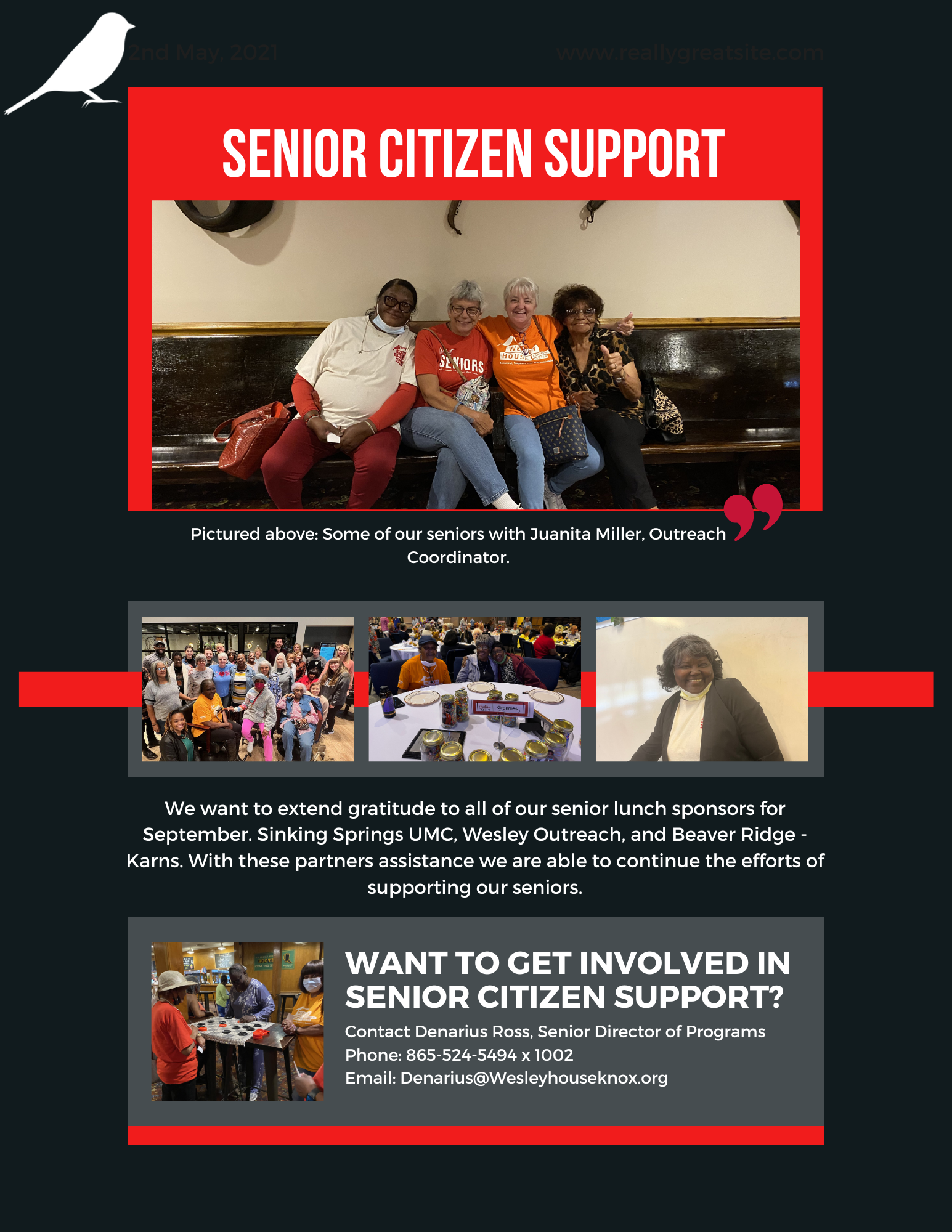 Flyer promoting senior citizen support with a photo of four seniors sitting on a bench, smiling. Text highlights support efforts and gratitude for sponsors like Sinking Springs UMC, Wesley Outreach, and Beaver Ridge-Karns, and provides contact info for volunteers.