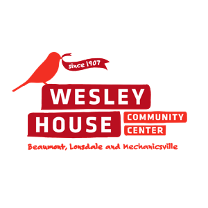 Logo for Wesley House Community Center featuring a red bird, a banner with "Since 1907," and text indicating it as a community, loving, and trustworthy center.