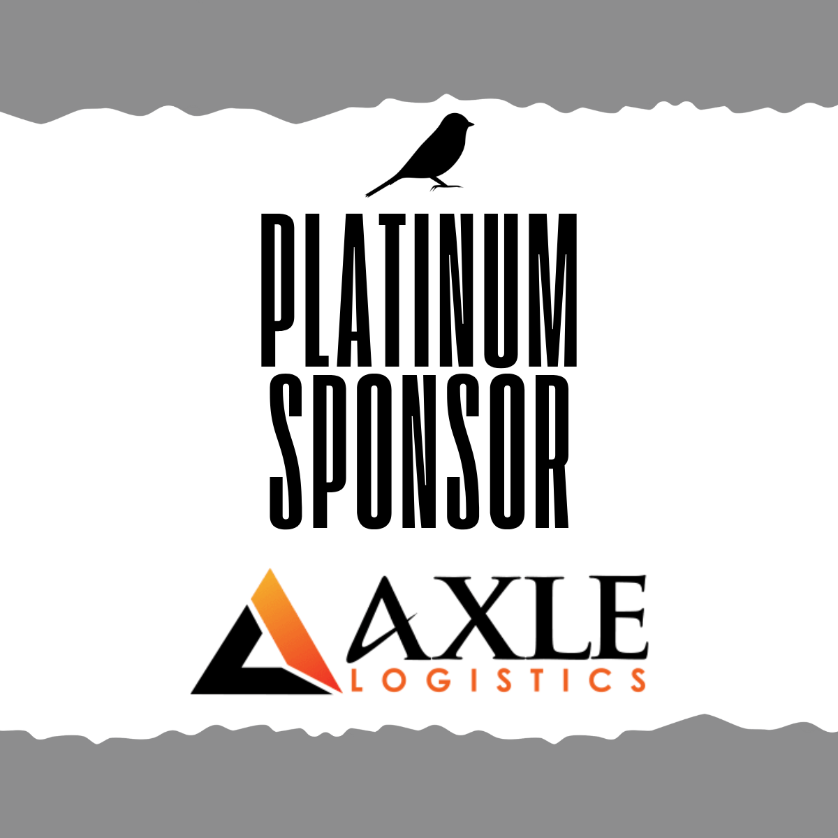 Black silhouette of a bird perched above the text "Platinum Sponsor" in bold black letters, and the logo for Axle Logistics with a black and orange stylized "A" and the company name in black and orange.