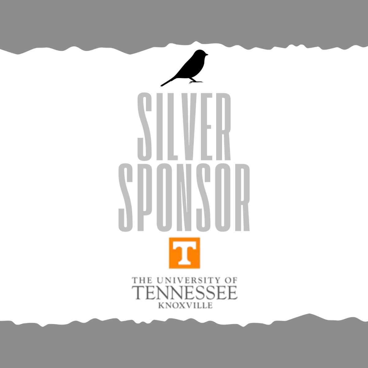 A promotional graphic featuring a black silhouette of a bird perched above the words 'Silver Sponsor' in large gray letters. The University of Tennessee Knoxville logo and name are at the bottom.