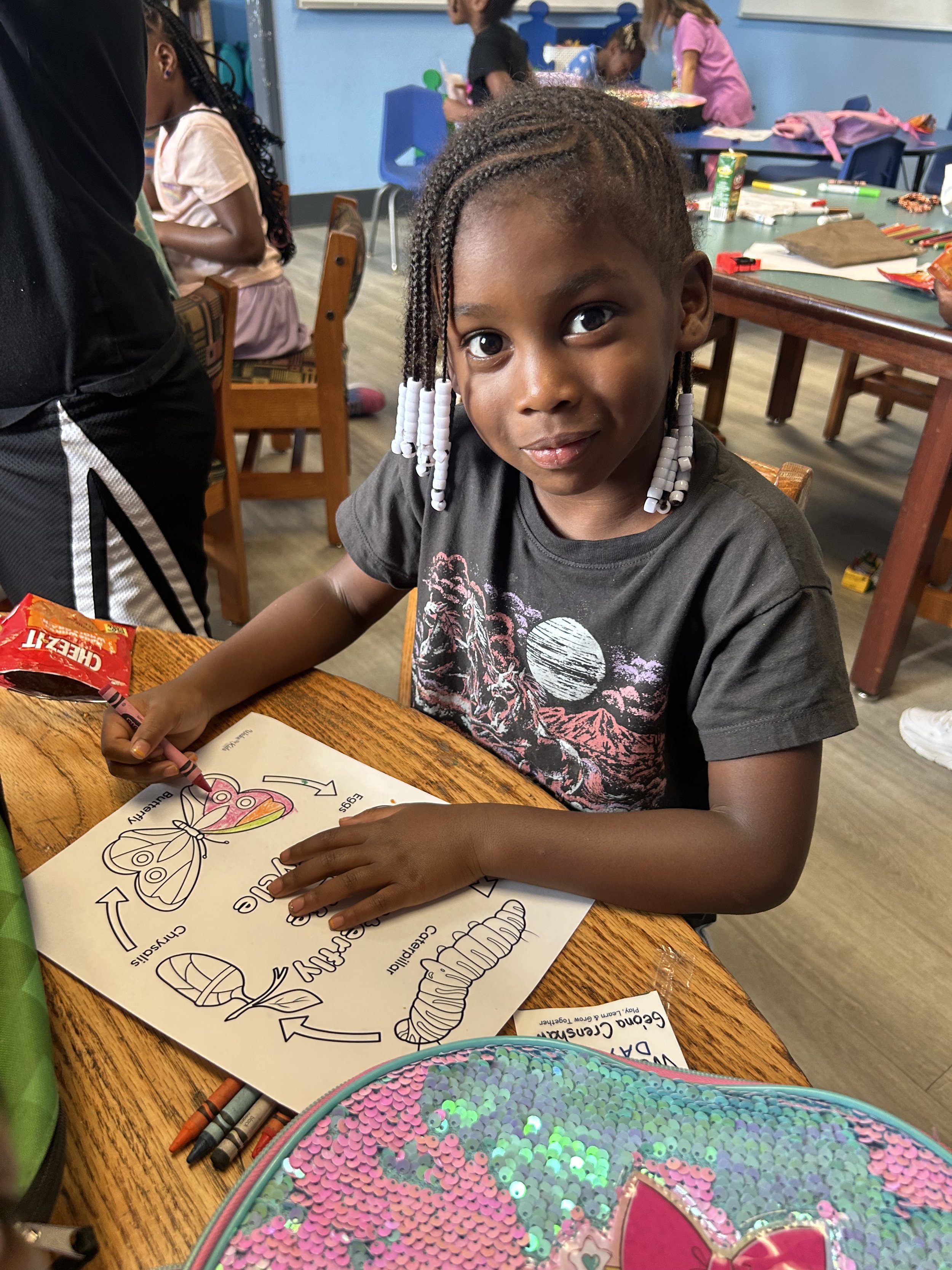 A young girl with braided hair seated at a table in a classroom, coloring a diagram about a butterfly's life cycle, with other children working in the background.
