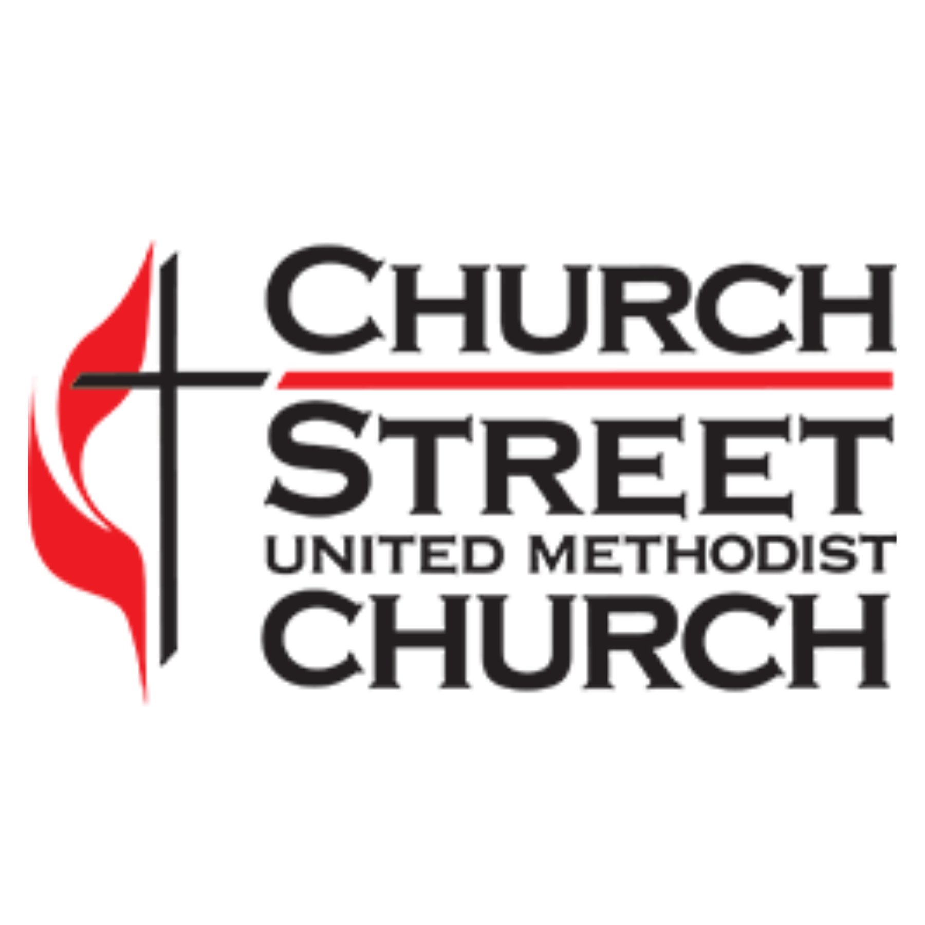 Logo for Church Street United Methodist Church featuring a black cross with red flame on the left, and text 'Church Street United Methodist Church' in black and red.