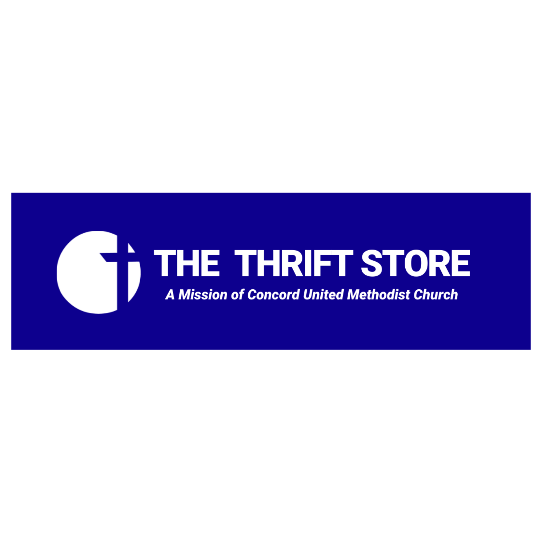 Logo for The Thrift Store, a mission of Concord United Methodist Church, with a blue background, white text, and a Christian cross inside a circle.
