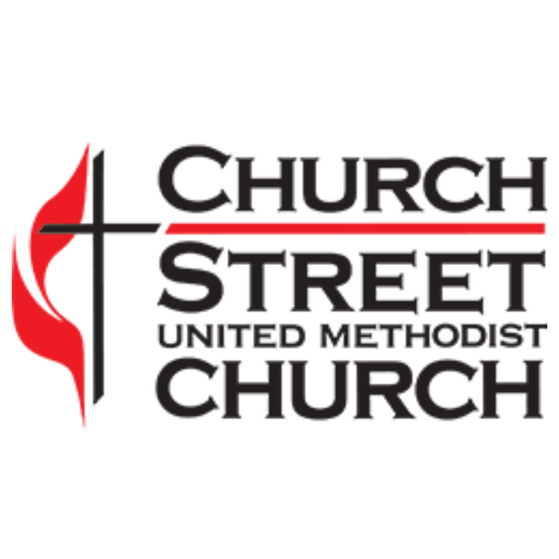 Logo of Church Street United Methodist Church with a stylized cross and flame.