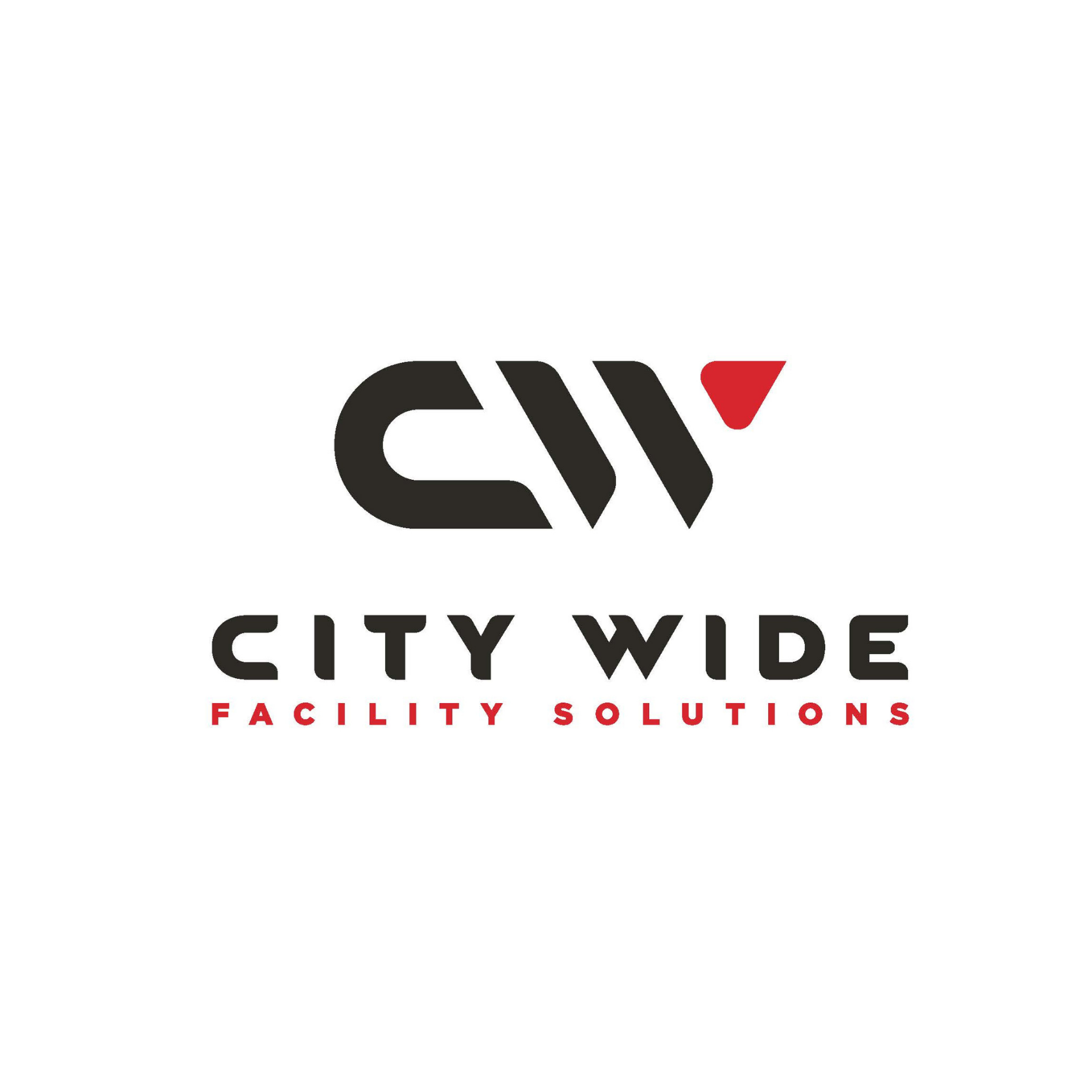 City Wide Facility Solutions logo with a stylized 'C' and 'W' in black and a red triangle at the end, and the company name in black and red text.
