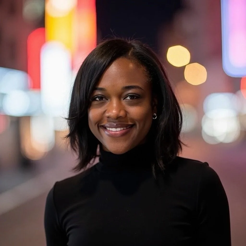 A professional Black woman who is smiling, with shoulder-length dark hair, a black turtleneck sweater with a blurred, lit background.