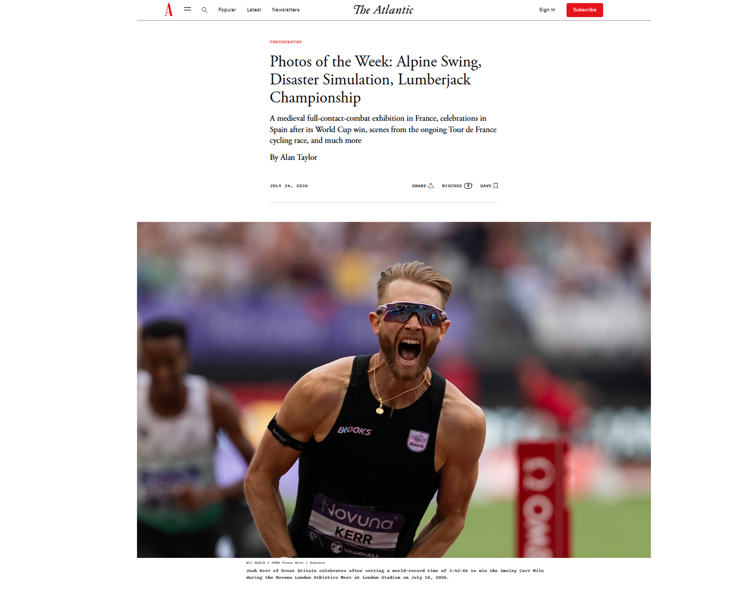 The Atlantic – Photos of the Week -
My photograph of Josh Kerr celebrating his world-record mile was selected for The Atlantic's weekly showcase of outstanding photography from around the world.