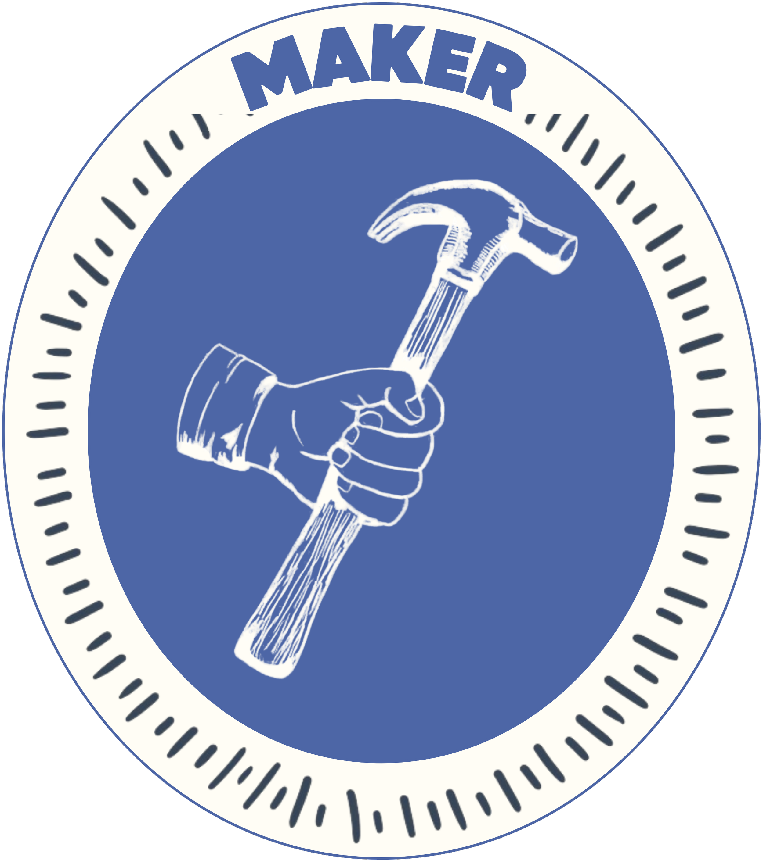 A circular emblem with a blue background and an illustration of a hand holding a hammer. The top of the emblem says 'MAKER' in blue capital letters.