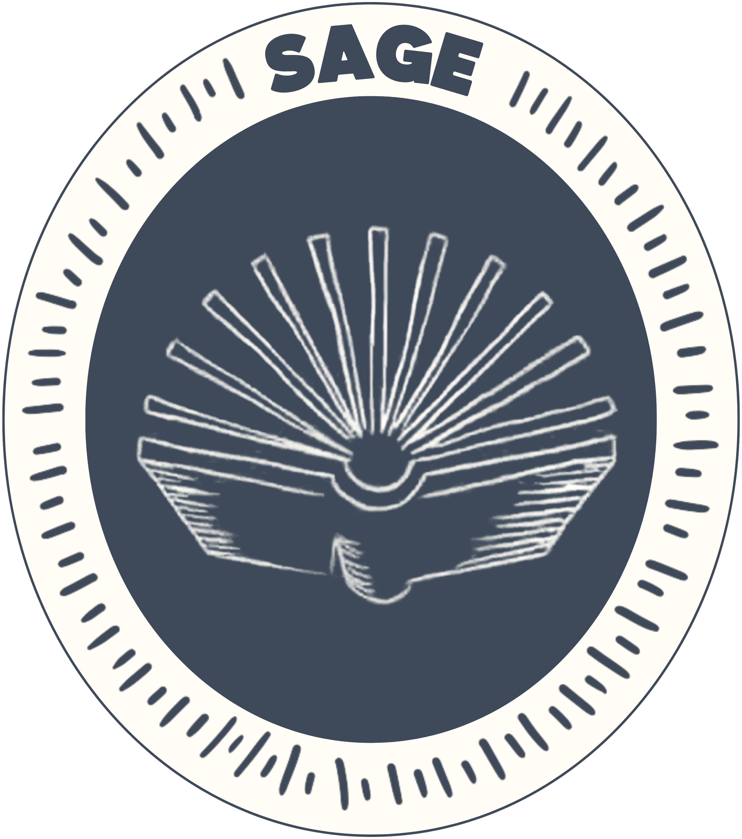 A circular emblem with a navy background and an illustration of an open book. The pages of the book are fanning out to mimic a sun's rays. The top of the emblem says 'SAGE' in blue capital letters.