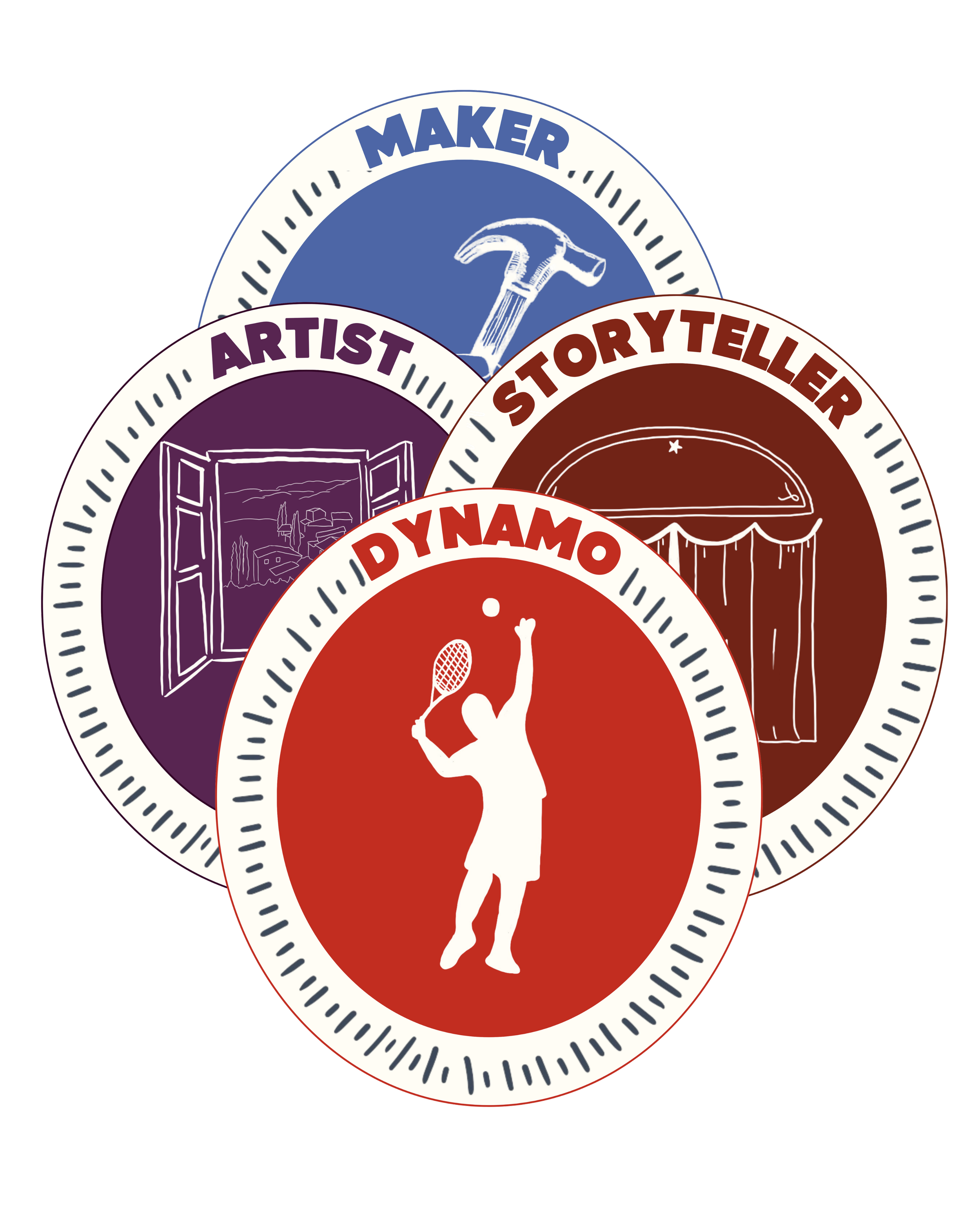 Set of four Hobby Persona badges, each with different icons and labels. Blue badge with hammer 'Maker.' Purple badge with easel and window 'Artist.' Burgundy badge with stage curtan 'Storyteller.' Red badge with tennis playing silhouette 'Dynamo.'
