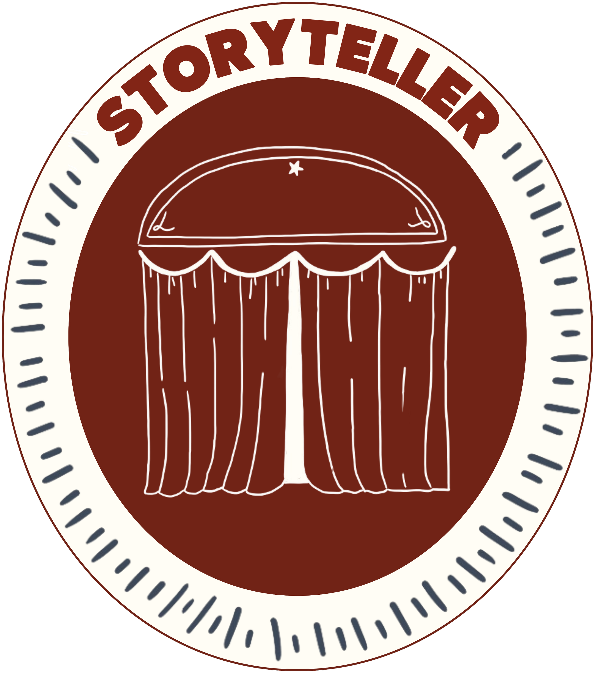 A circular emblem with a burgundy background and an illustration of a theatre stage curtain. The top of the emblem says 'STORYTELLER' in burgundy capital letters.