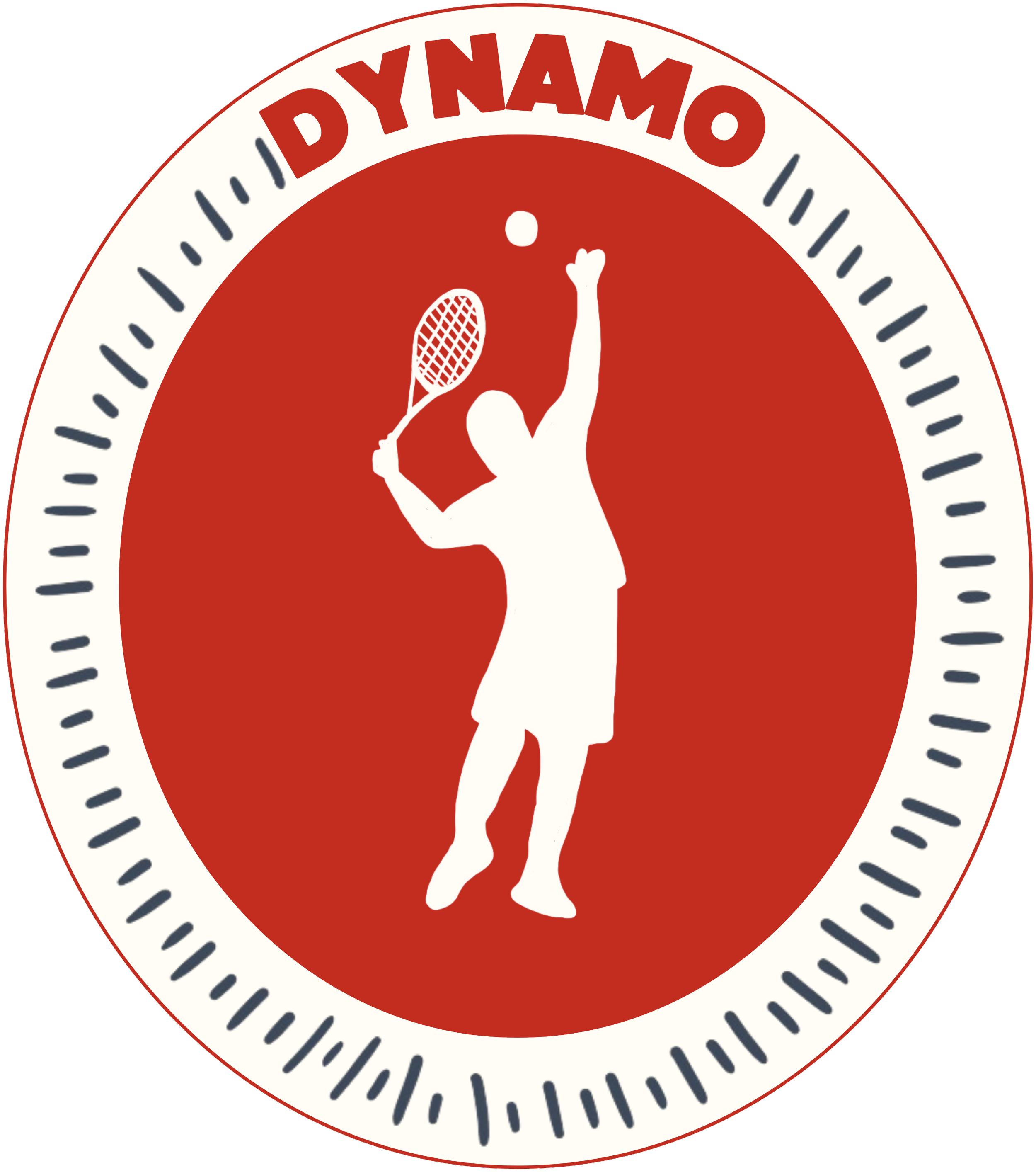 A circular emblem with a red background and an illustration of a figure playing tennis in silhouette. The top of the emblem says 'DYNAMO' in red capital letters.