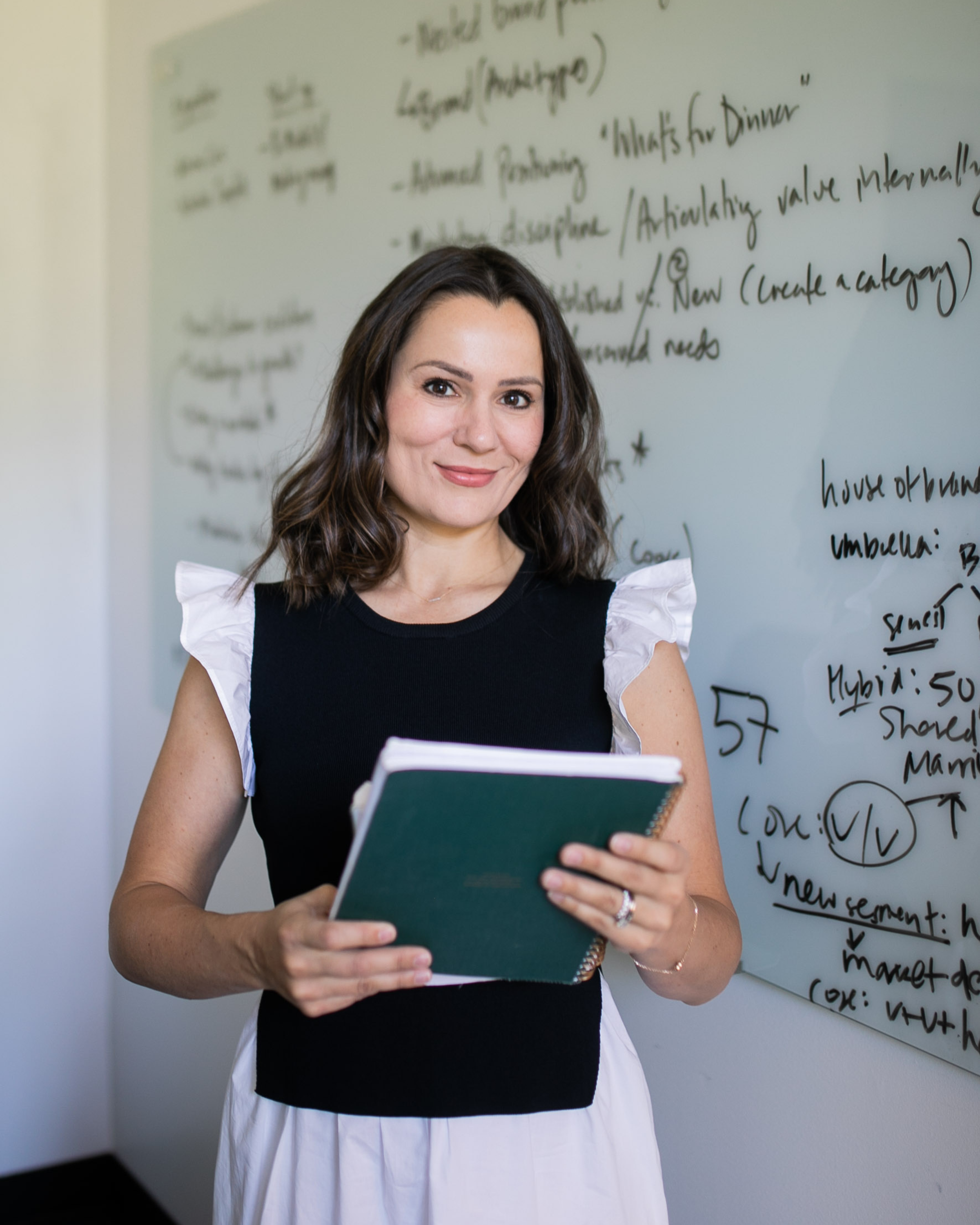 Marina Cooley pictured wearing a black top with white puffy sleeves, holding a green notebook, standing in front of a whiteboard filled with handwritten notes.