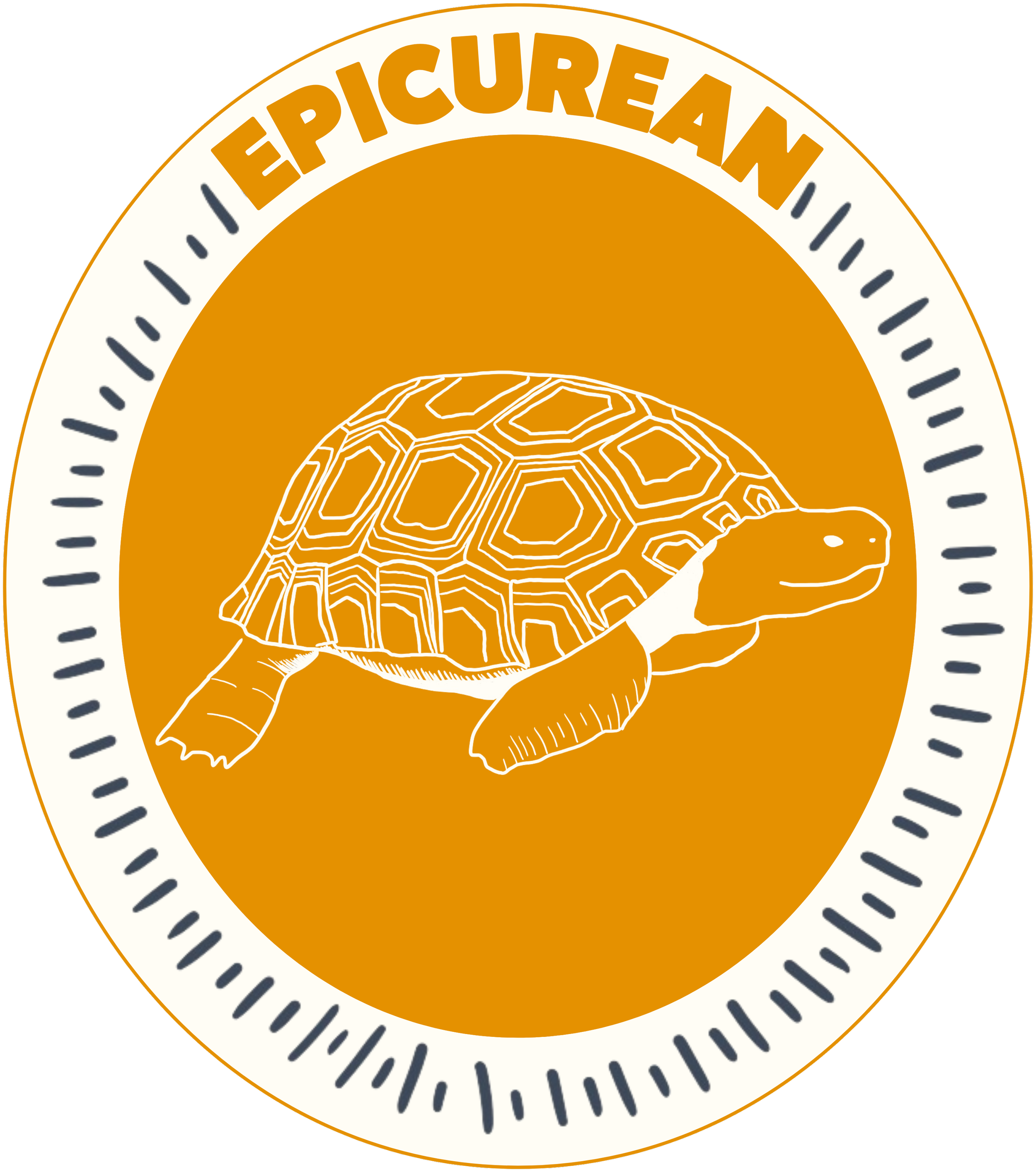A circular emblem with an amber background and an illustration of a tortoise. The top of the emblem says 'EPICUREAN' in amber capital letters.