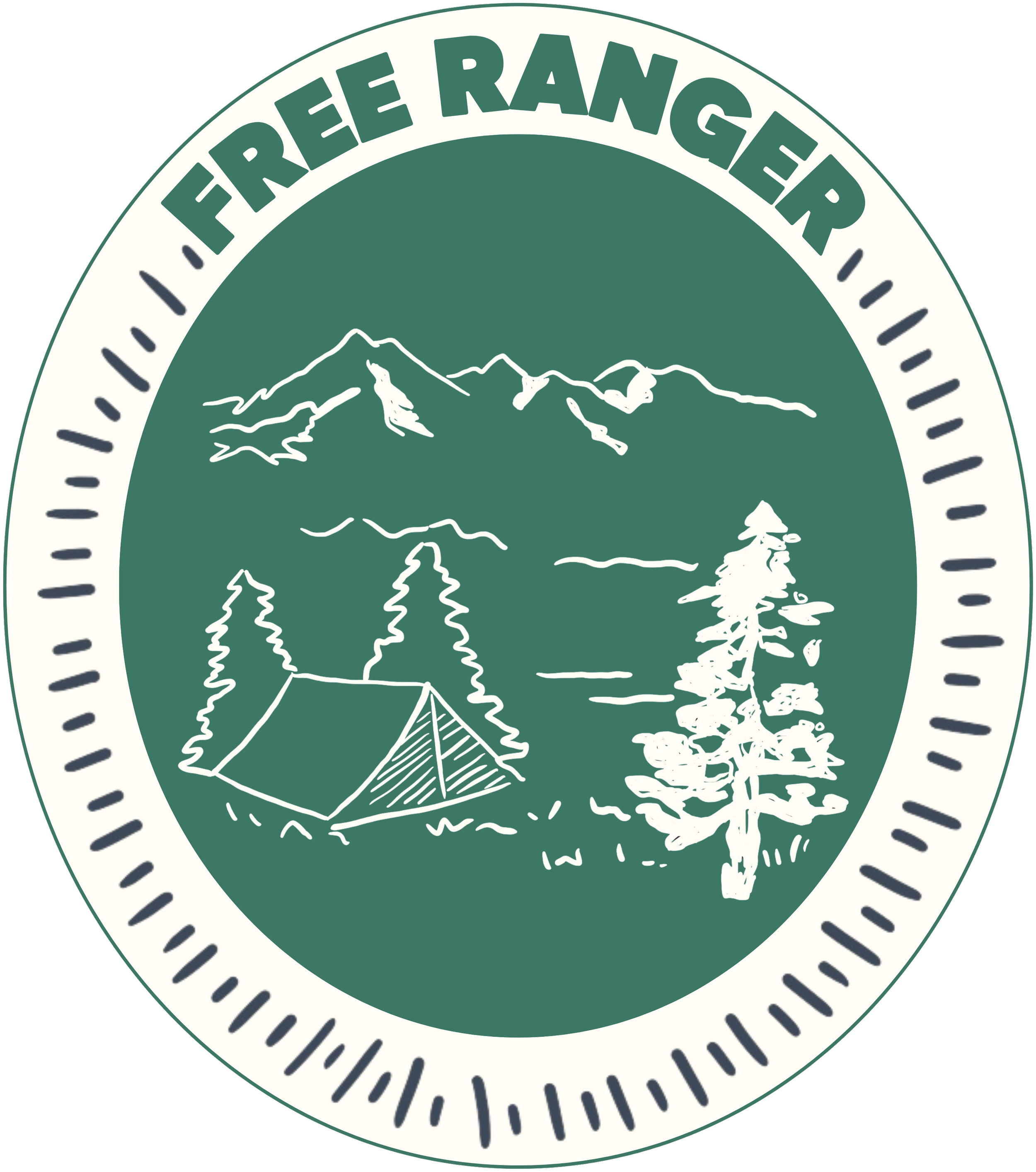 A circular emblem with a green background and an illustration of an outdoor scene, featuring mountains, pine trees, and a tent. The top of the emblem says 'FREE RANGER' in green capital letters.
