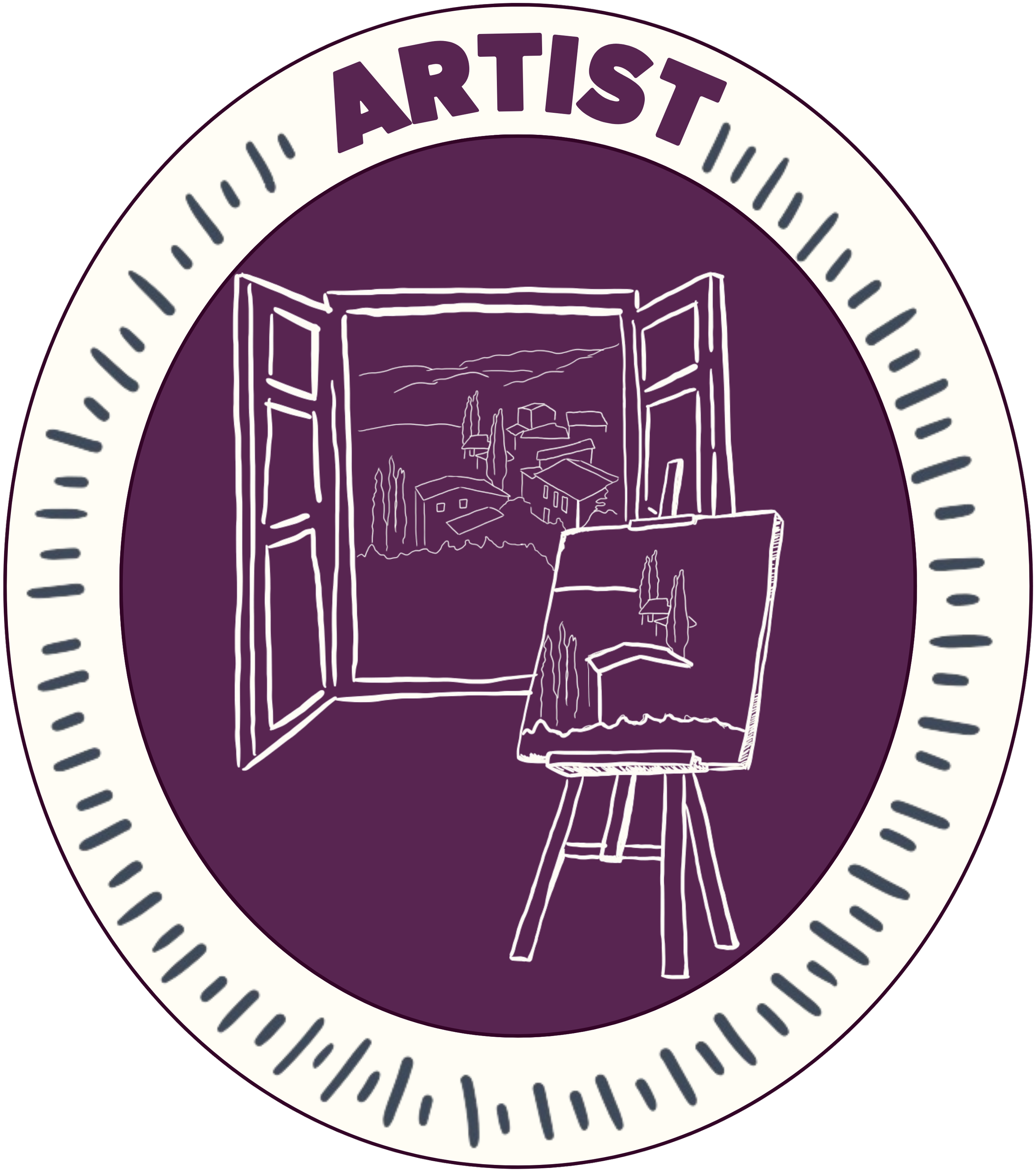 A circular emblem with a purple background and an illustration of an open window revealing a scenic landscape. In front of the window, an easel with a sketch depicting the scene. The top of the emblem says 'ARTIST' in purple capital letters.