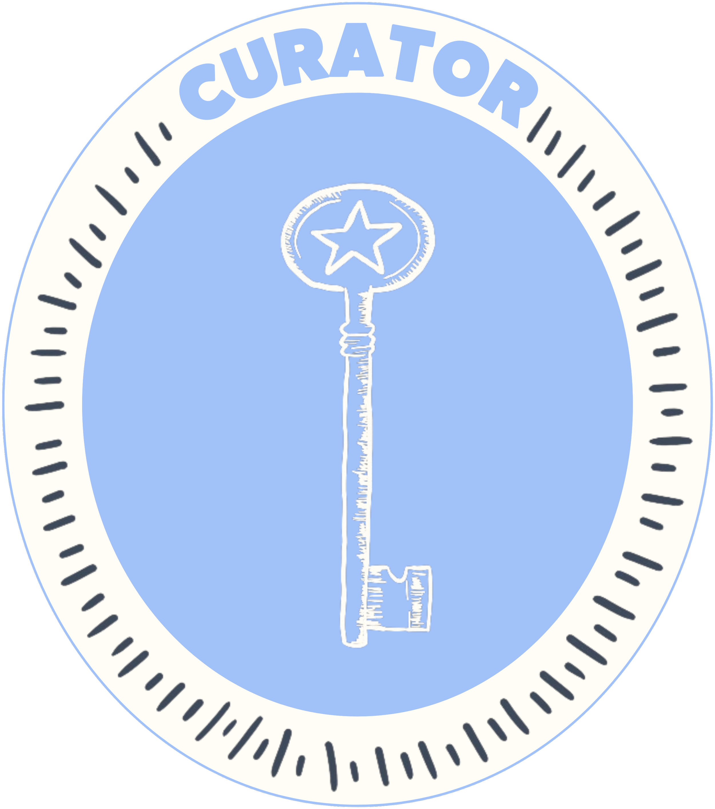 A circular emblem with a periwinkle background and an illustration of a skeleton key. The top of the emblem says 'CURATOR' in periwinkle capital letters.