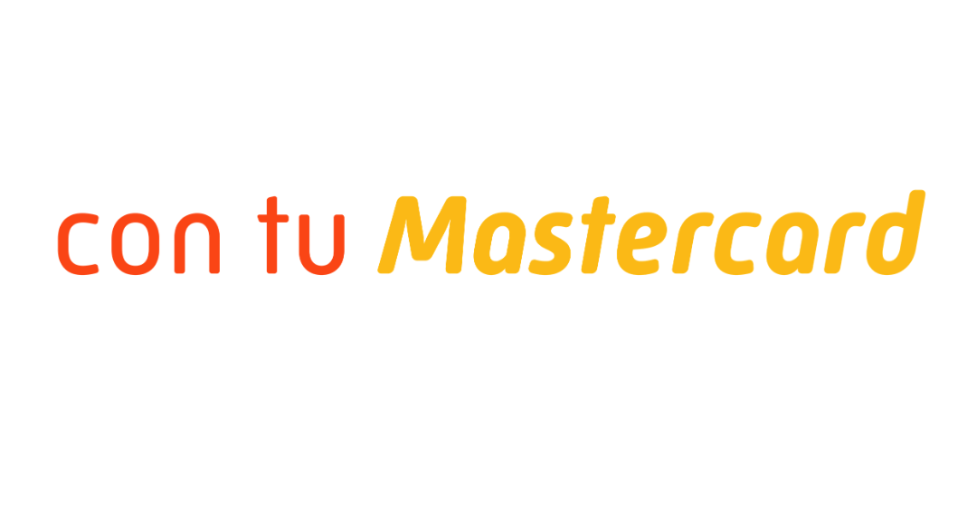 Text in Spanish and English reading 'con tu Mastercard' with 'con tu' in red and 'Mastercard' in yellow, and additional text below.