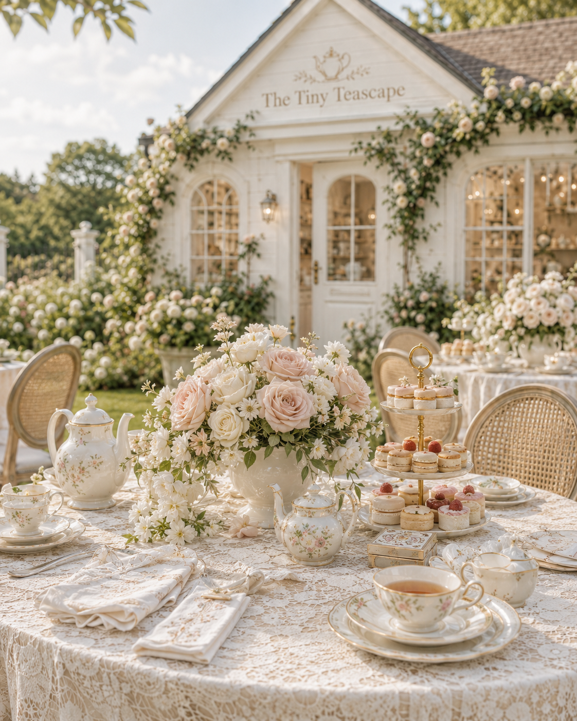A garden tea party setup with a table covered in lace, featuring porcelain teapots, cups, and saucers, a large floral centerpiece with pink and white roses, a three-tiered tray of assorted macarons and desserts, and a background of a white cottage adorned with flowering roses.