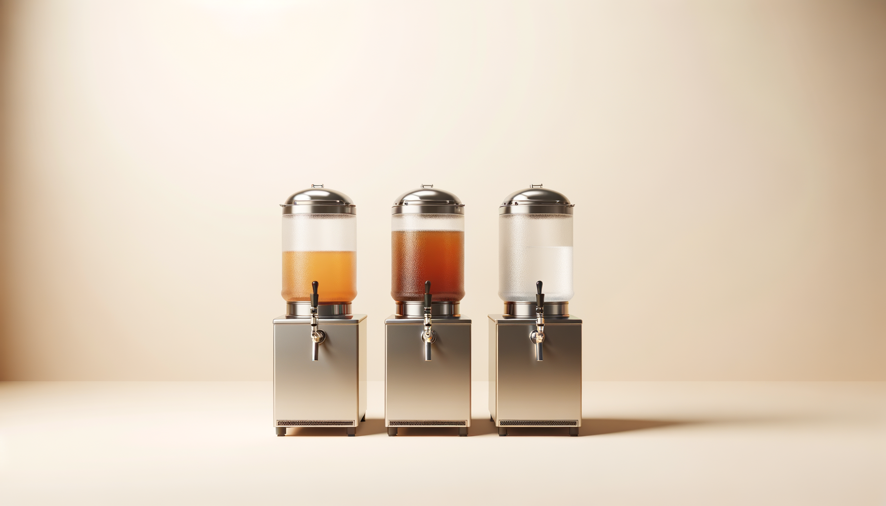 Three beverage dispensers filled with different drinks, set against a neutral background.