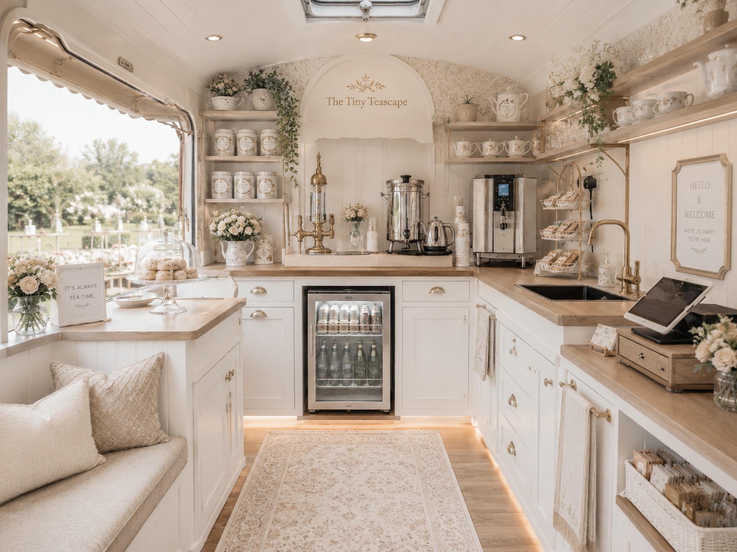 Interior of a tiny teascape with white cabinets, wooden countertops, flowers, tea merchandise, coffee machine, and a small glass-door refrigerator, decorated in a light, vintage style.