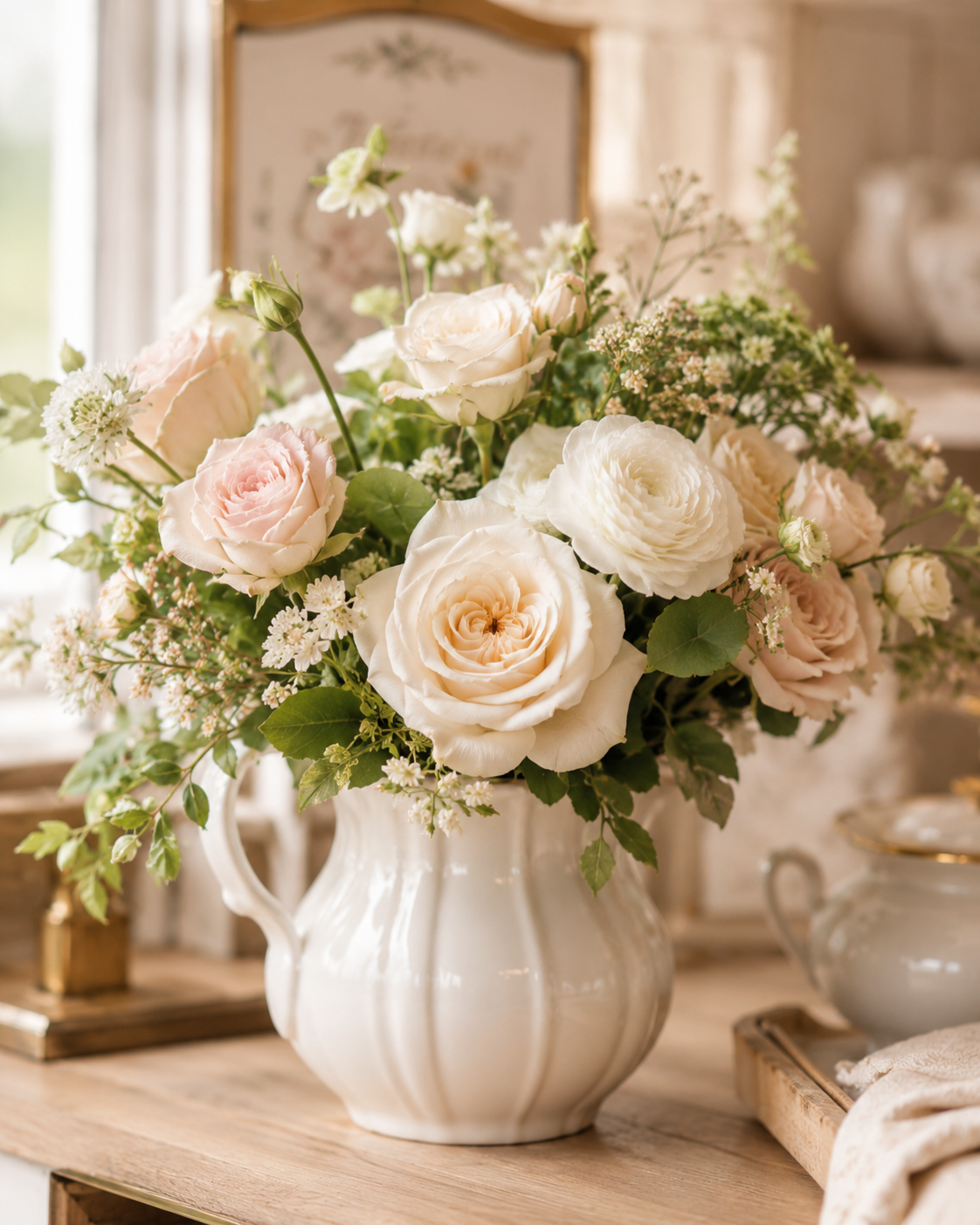 A bouquet of white and pale pink roses with greenery and small white filler flowers in a cream ceramic vase on a wooden table.