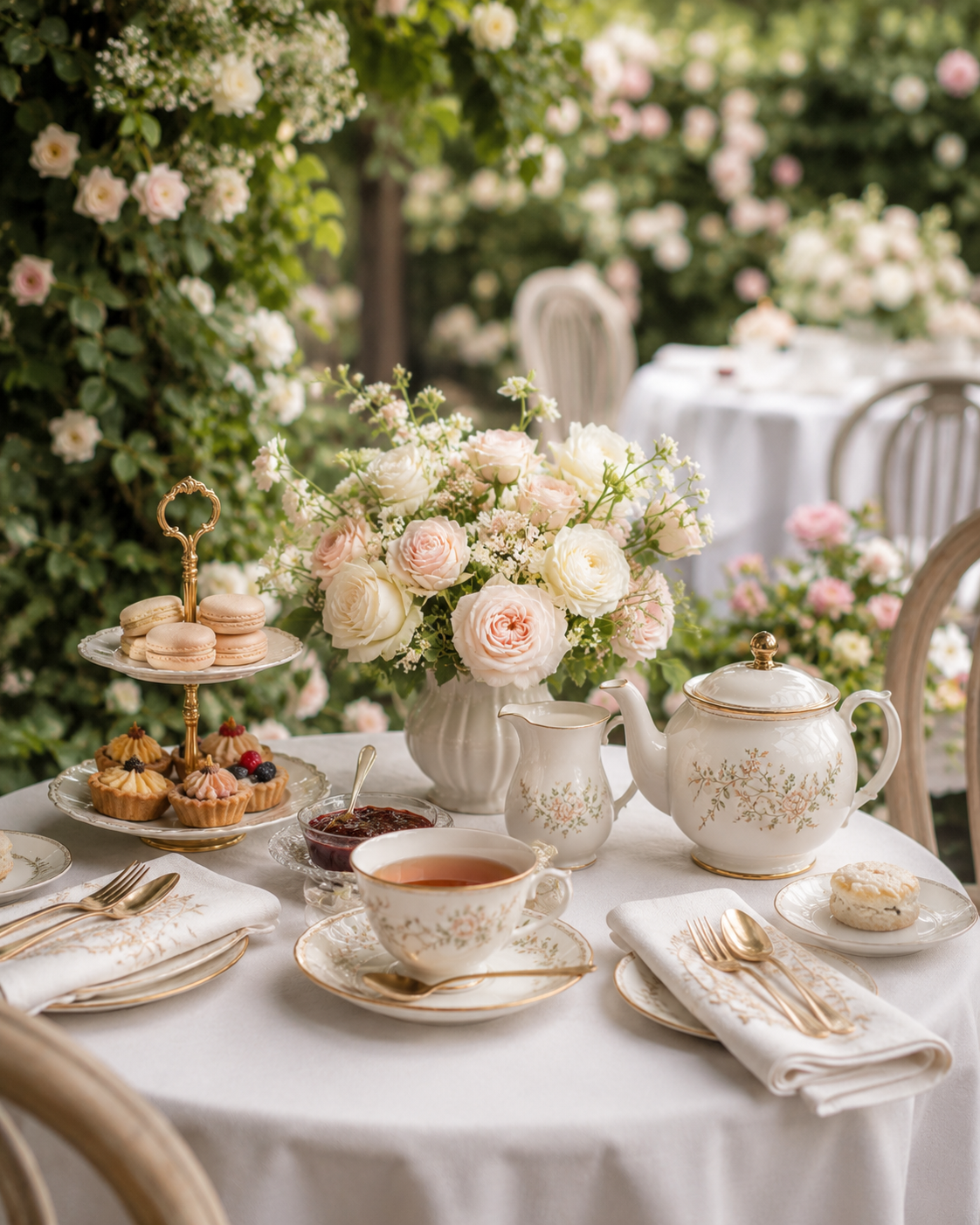 A tea party setup outdoors with a white tablecloth, floral china, a teapot, cups, and a large bouquet of pink and white roses, featuring tiered plates of macarons and mini tarts.