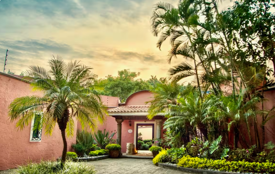 A tropical garden with palm trees and lush greenery in front of a pink stucco building with an arched entrance at sunset.