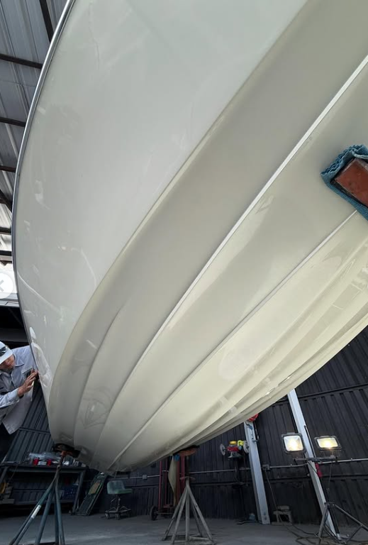 Boat hull bottom prepped for antifouling bottom paint in Stockton at Sergio's Boat Spa