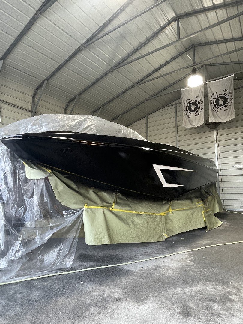 Fiberglass repair for a boat at RiverPoint Landing in Stockton by Sergio's Boat Spa