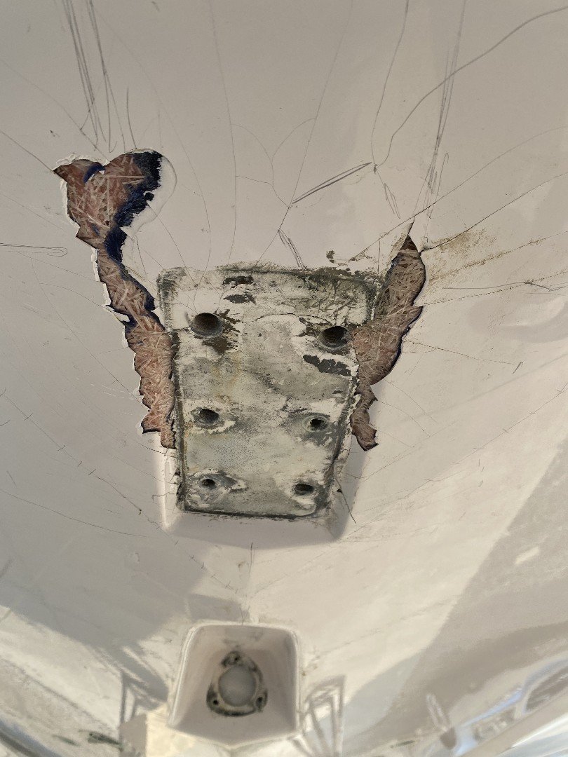 Fiberglass repair in progress for a Ladd's Marina boat in Stockton at Sergio's Boat Spa